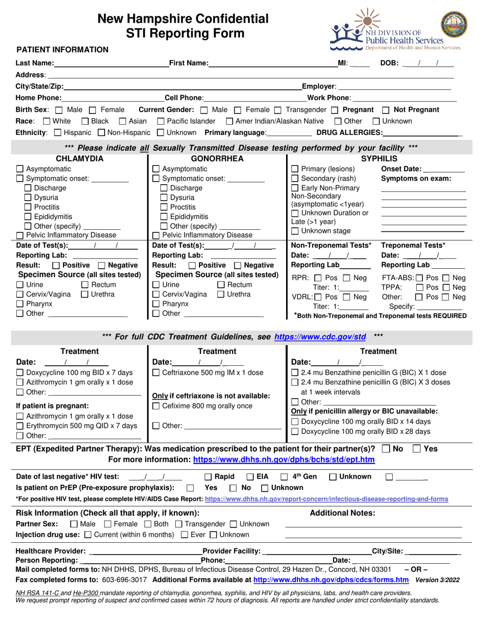 Sti Reporting Form - New Hampshire, Page 1
