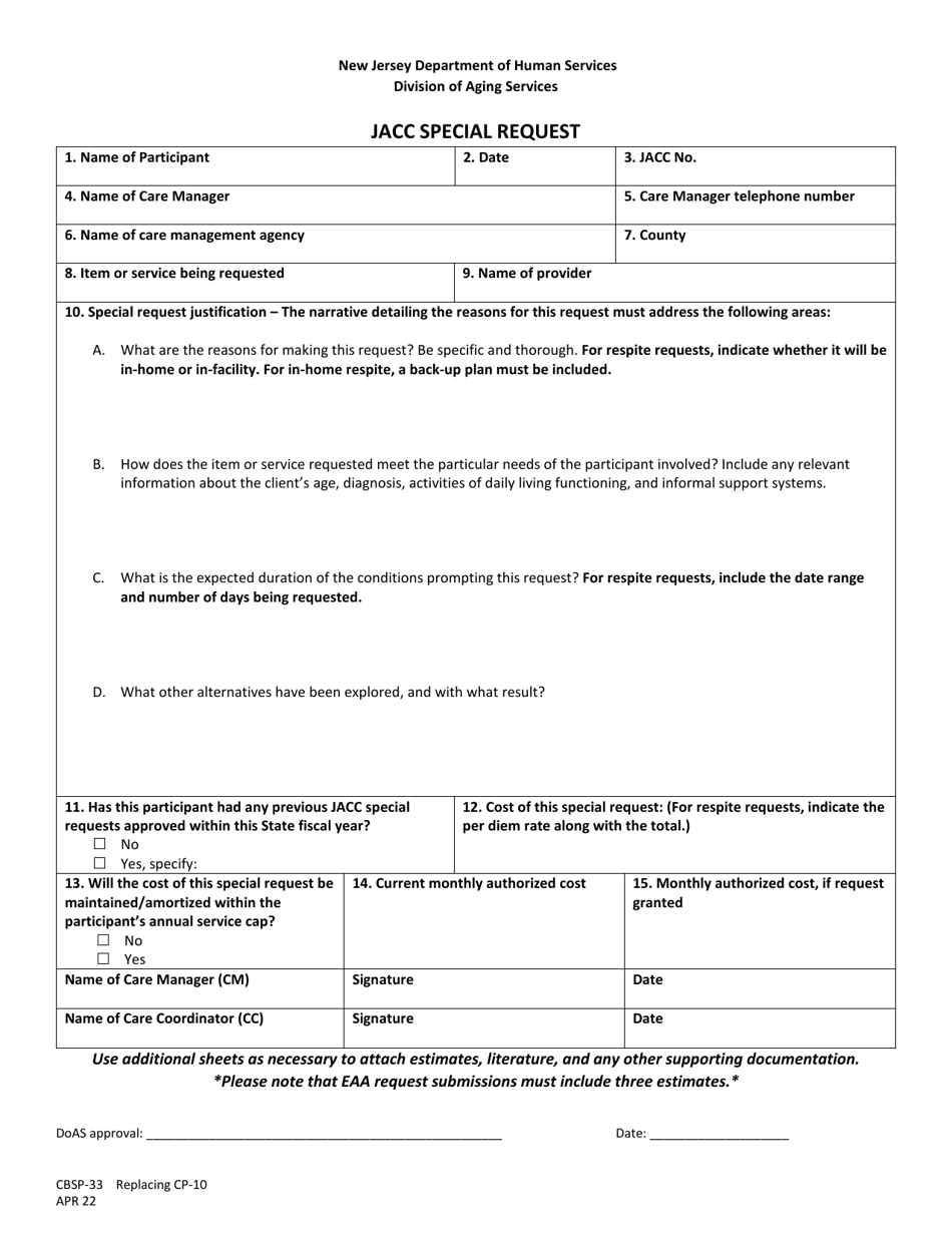 Form CBSP-33 Jacc Special Request - New Jersey, Page 1