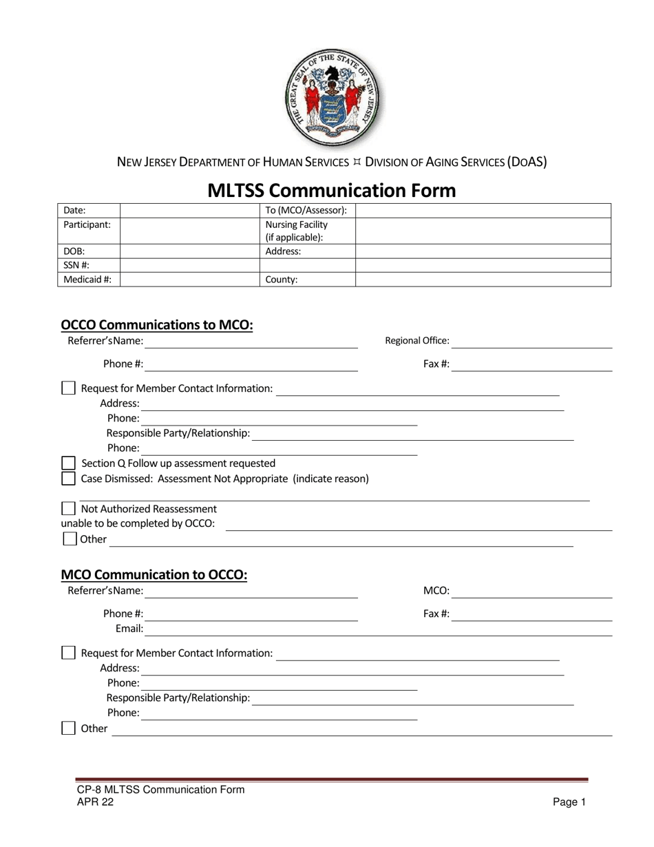 Form CP-8 Mltss Communication Form - New Jersey, Page 1