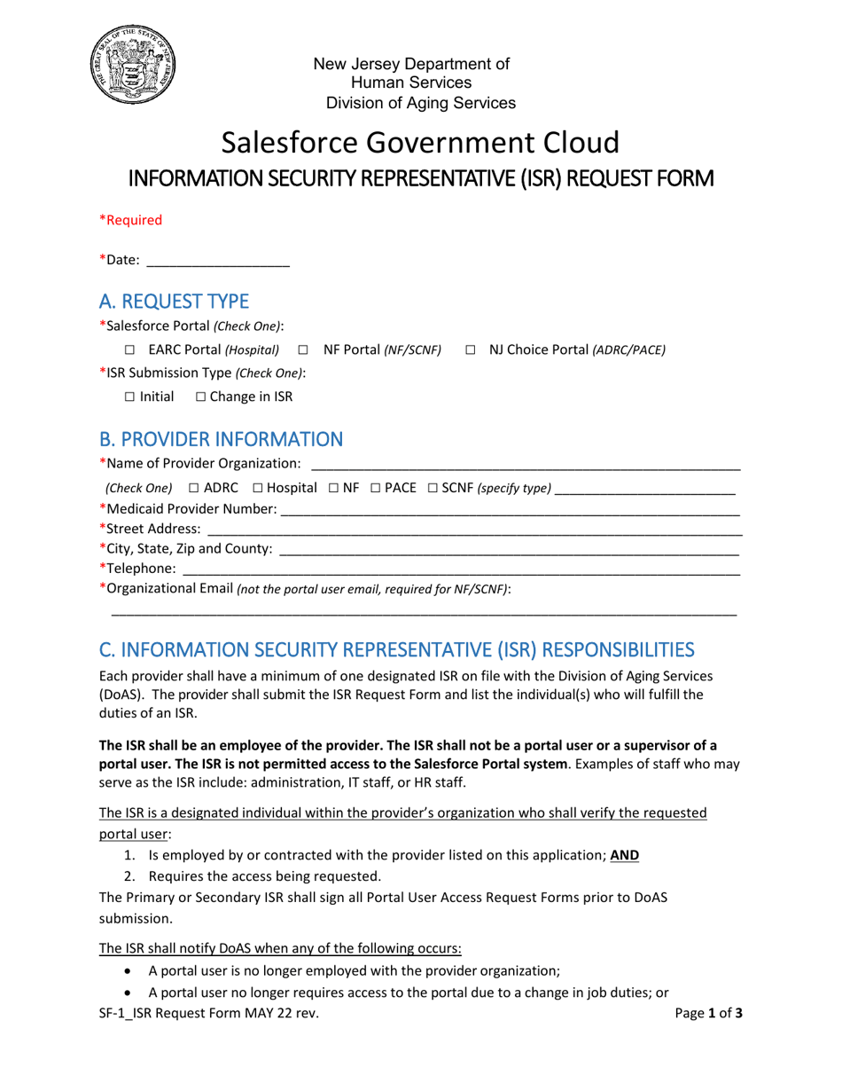 Form SF-1 Information Security Representative (Isr) Request Form - Salesforce Government Cloud - New Jersey, Page 1