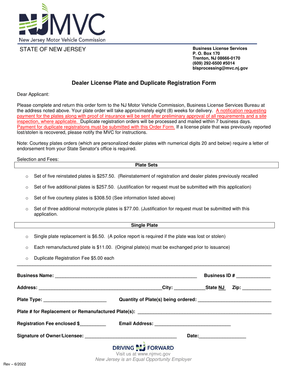 Dealer License Plate and Duplicate Registration Form - New Jersey, Page 1