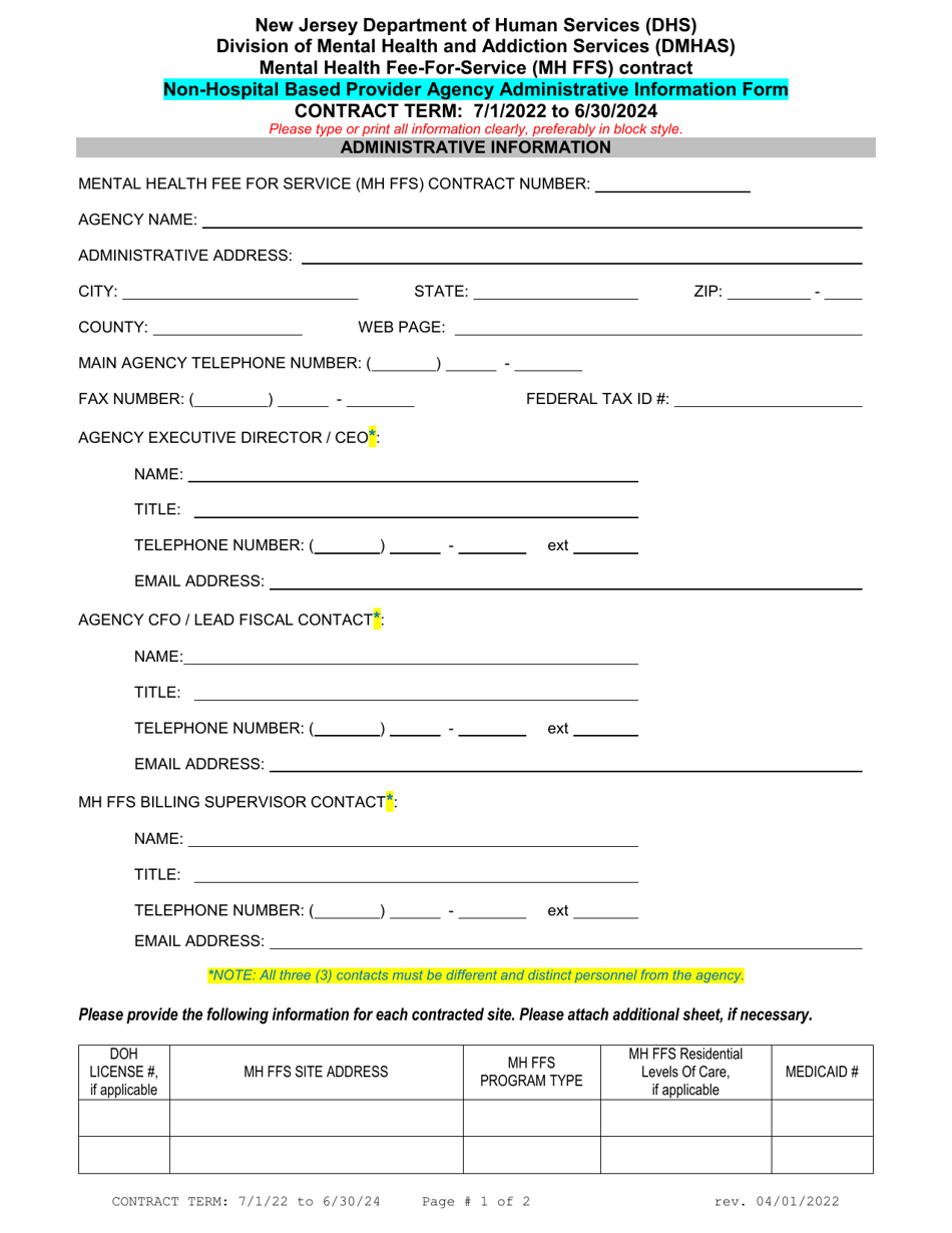 Mental Health Fee-For-Service (Mh Ffs) Contract Non-hospital Based Provider Agency Administrative Information Form - New Jersey, Page 1