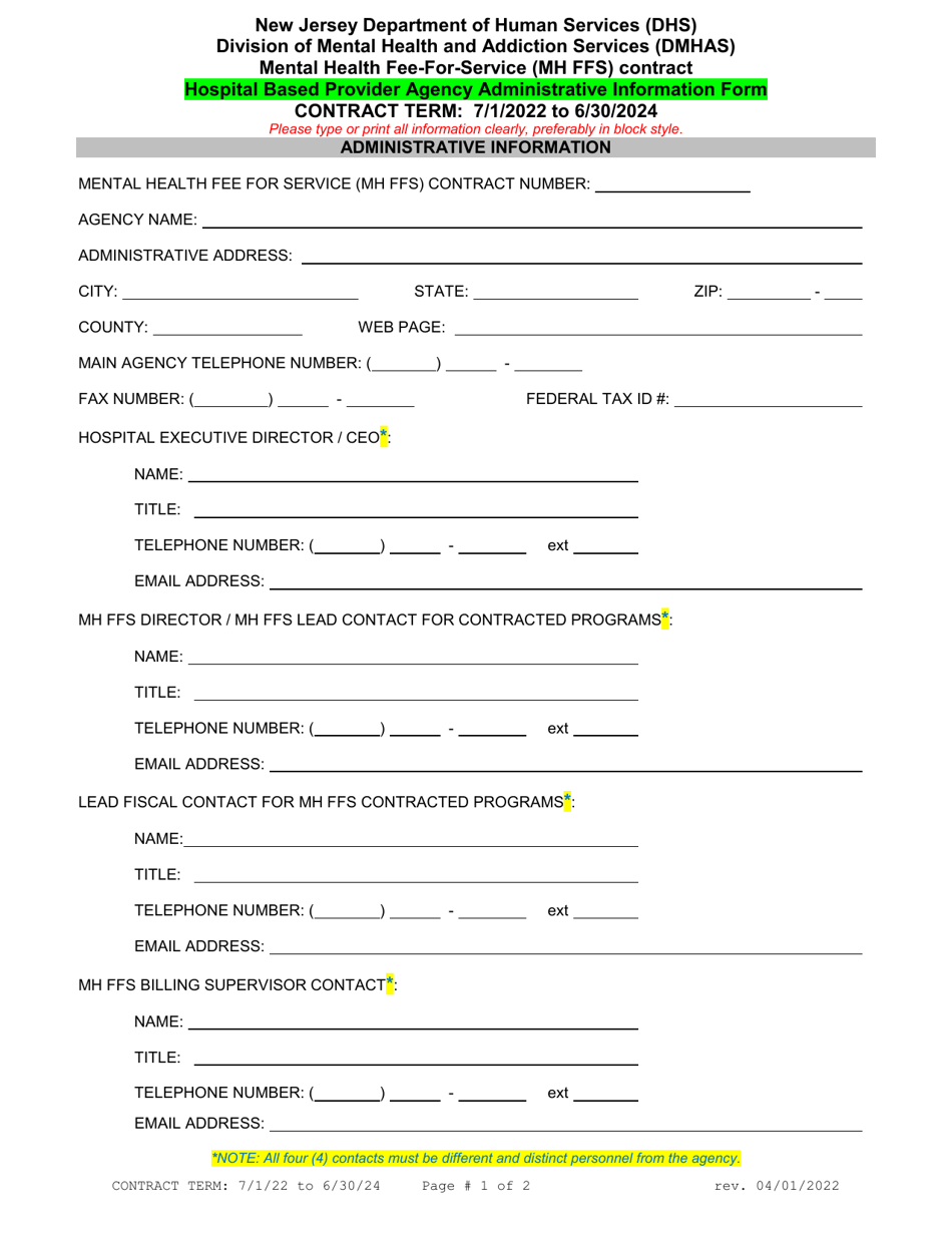 Mental Health Fee-For-Service (Mh Ffs) Contract Hospital Based Provider Agency Administrative Information Form - New Jersey, Page 1