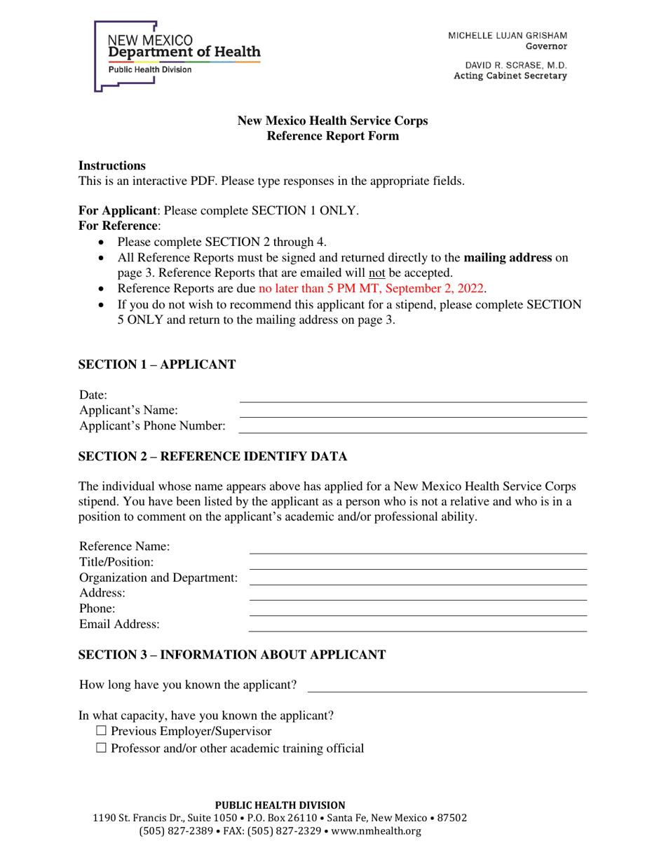 New Mexico New Mexico Health Service Corps Reference Report Form Fill