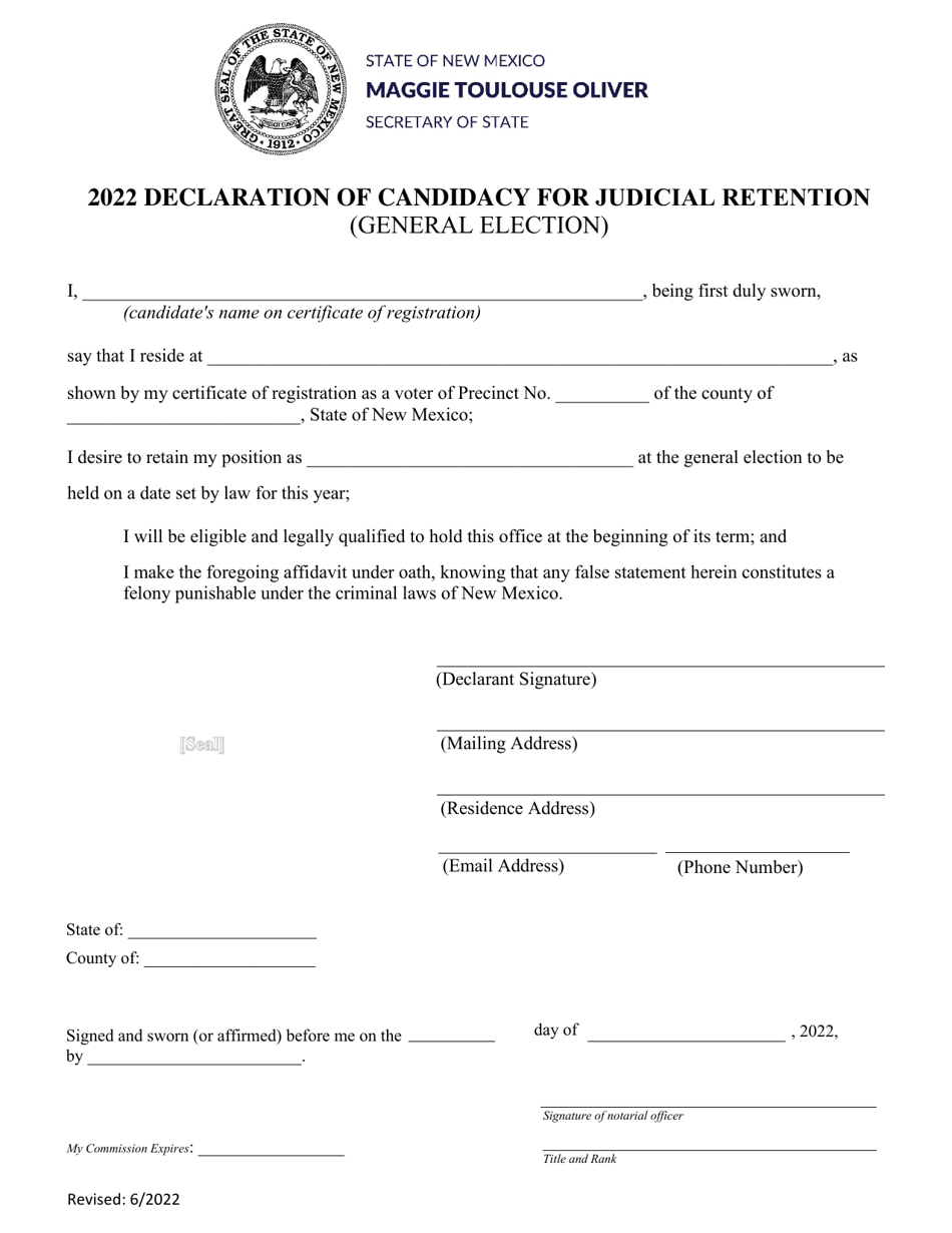 Declaration of Candidacy for Judicial Retention (General Election) - New Mexico, Page 1
