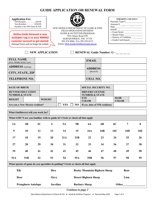 Guide Application or Renewal Form - New Mexico Download Pdf