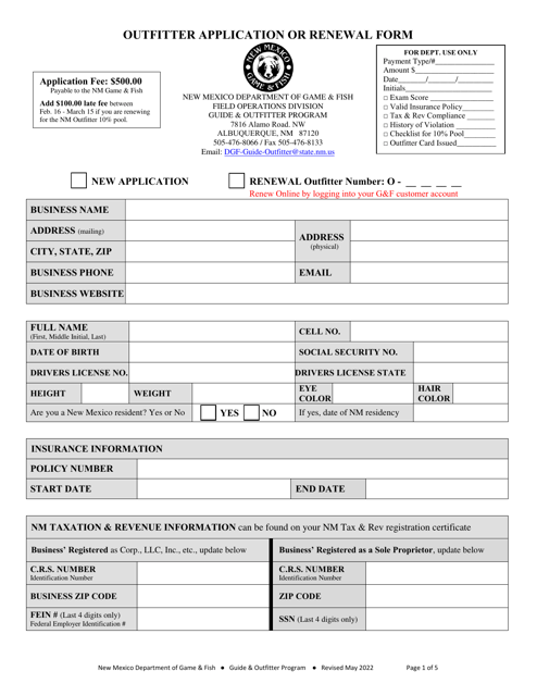 Outfitter Application or Renewal Form - New Mexico Download Pdf