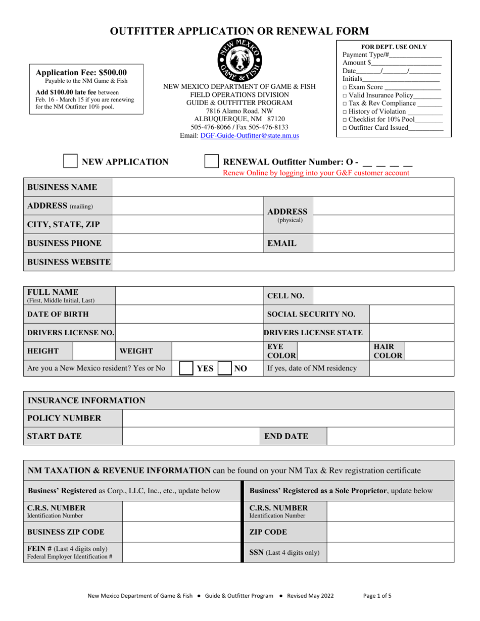 Outfitter Application or Renewal Form - New Mexico, Page 1