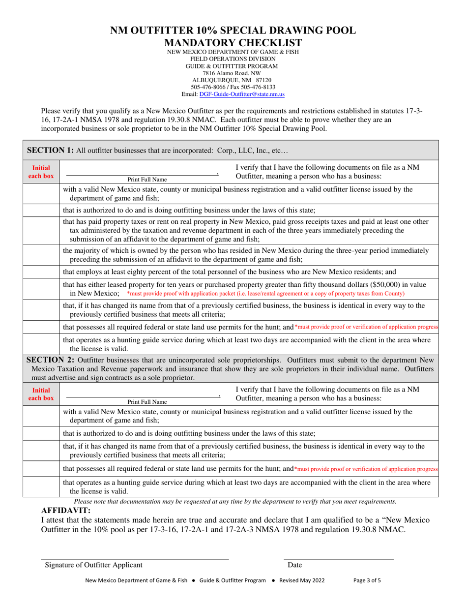Outfitter Application or Renewal Form - New Mexico, Page 3
