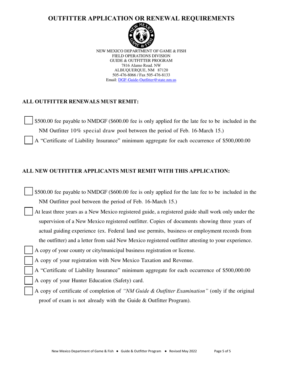 Outfitter Application or Renewal Form - New Mexico, Page 5