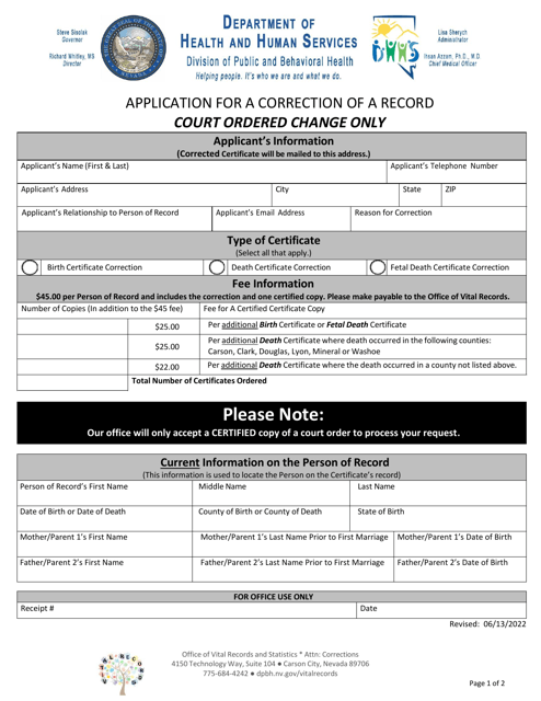 Application for a Correction of a Record - Court Ordered Change Only - Nevada Download Pdf