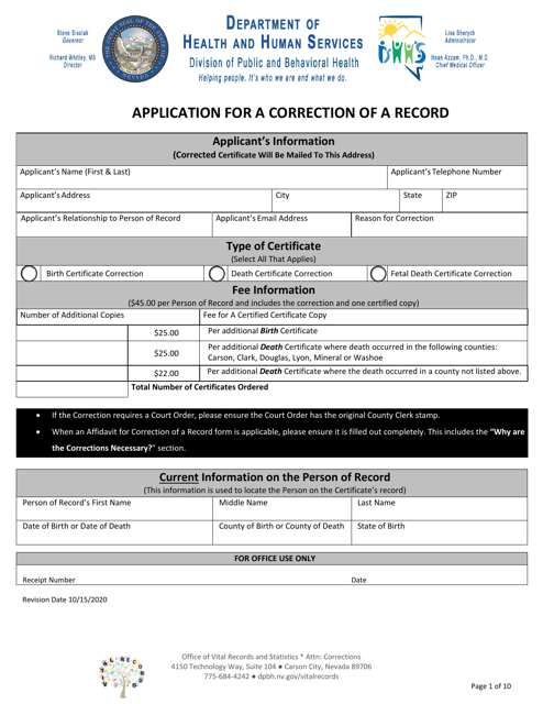 Application for a Correction of a Record - Nevada Download Pdf