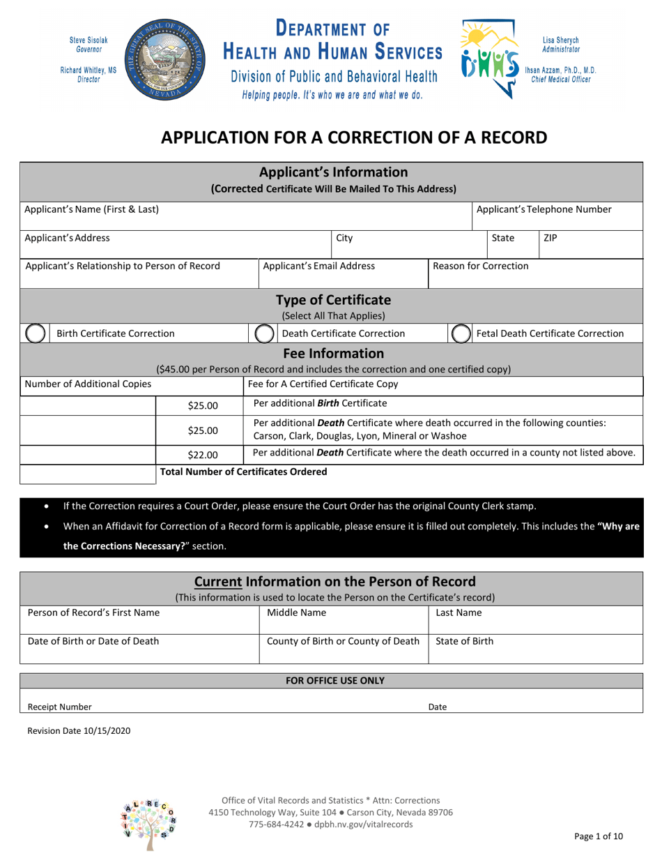 Application for a Correction of a Record - Nevada, Page 1