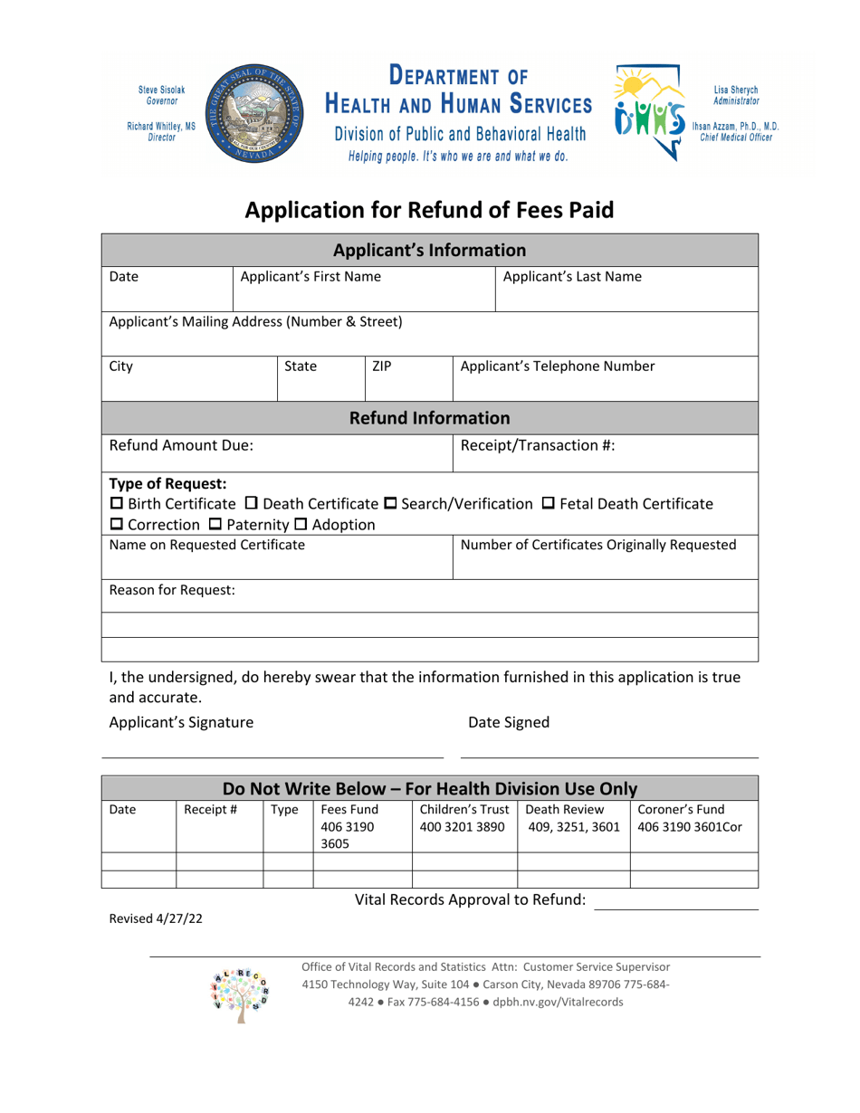 Application for Refund of Fees Paid - Nevada, Page 1