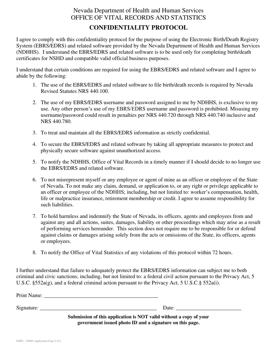 Electronic Birth / Death Registry System (Ebrs / Edrs) User Application Form - Nevada, Page 2