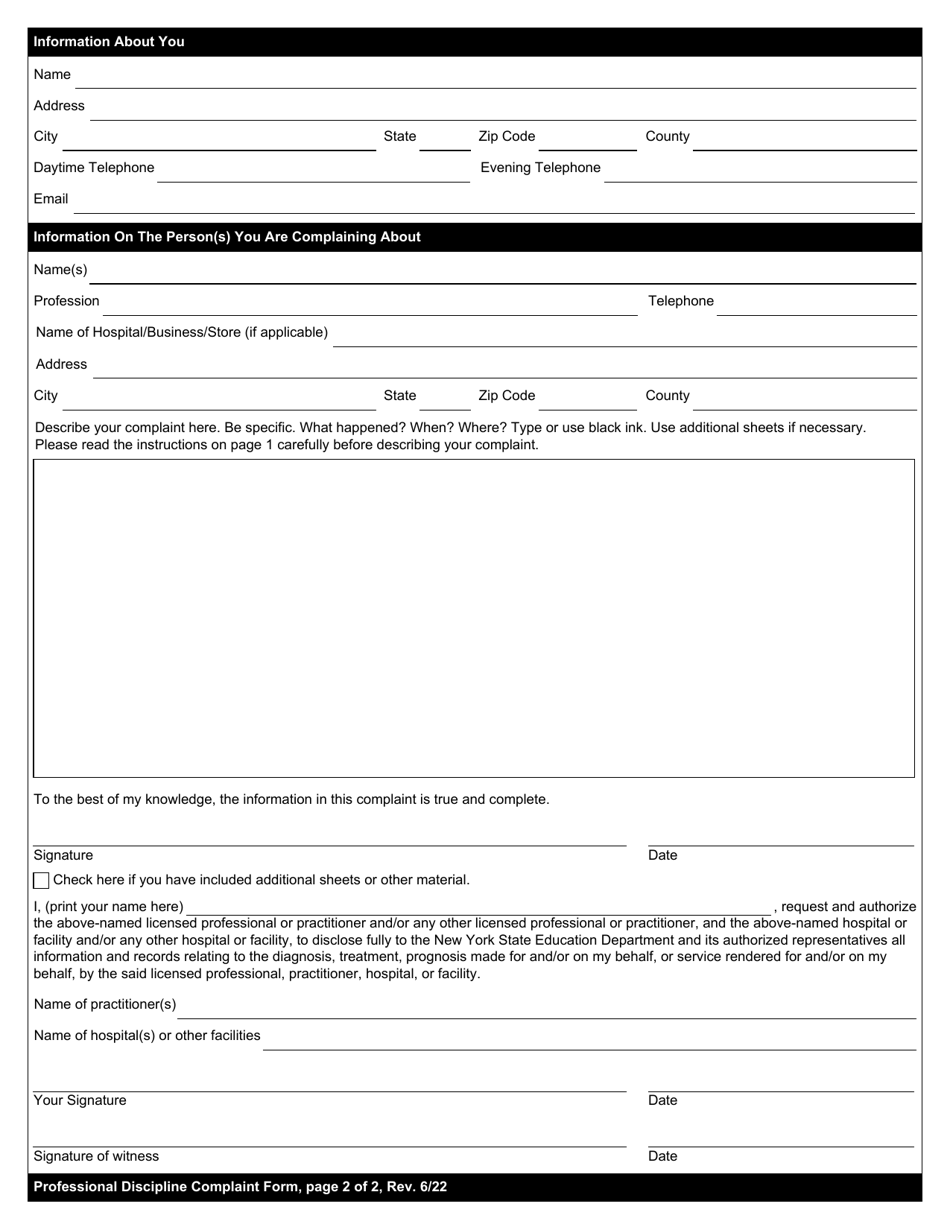 Professional Discipline Complaint Form - New York, Page 2
