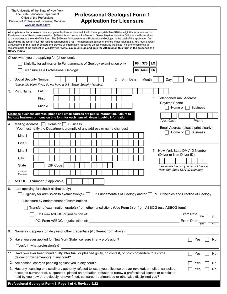 Professional Geologist Form 1 Professional Geologist Application for Licensure - New York, Page 1