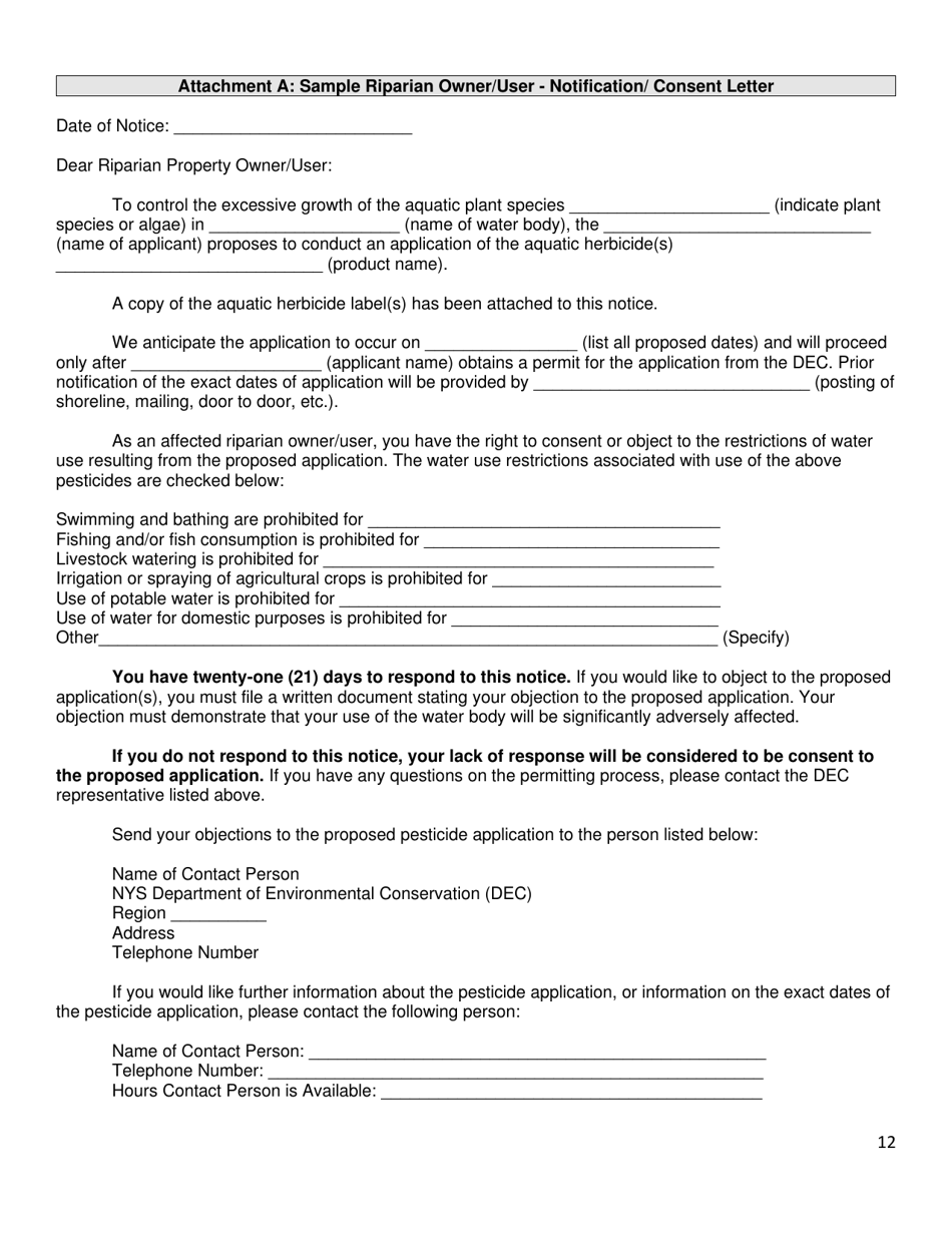 Application for a Permit to Use a Pesticide for the Control of an Aquatic Pest - Title 6 Nycrr Part 327 / 328 / 329 - New York, Page 12