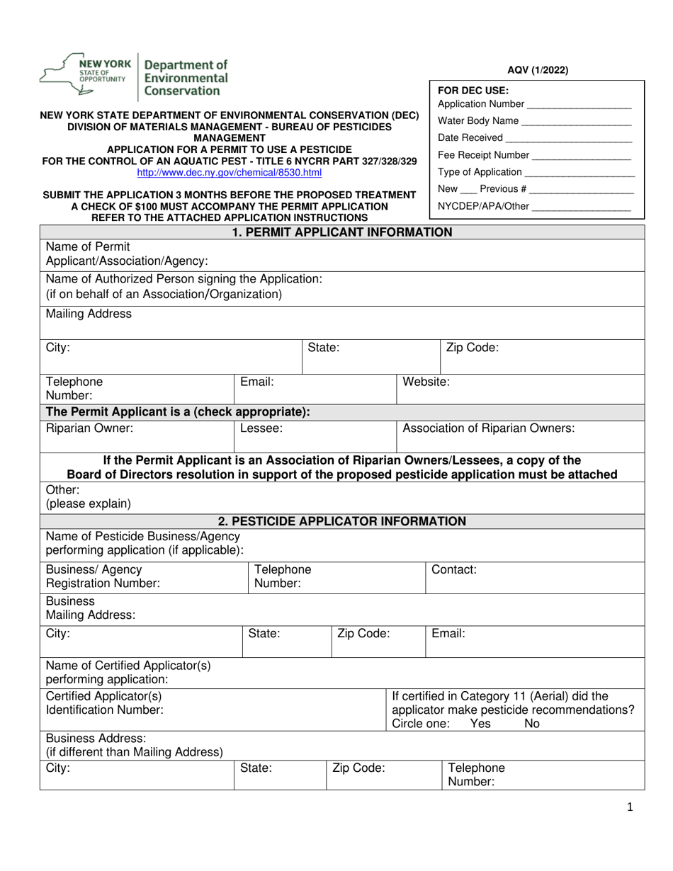 Application for a Permit to Use a Pesticide for the Control of an Aquatic Pest - Title 6 Nycrr Part 327 / 328 / 329 - New York, Page 1