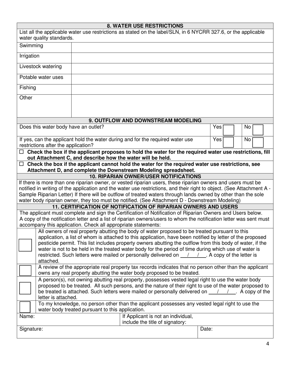 Application for a Permit to Use a Pesticide for the Control of an Aquatic Pest - Title 6 Nycrr Part 327 / 328 / 329 - New York, Page 4