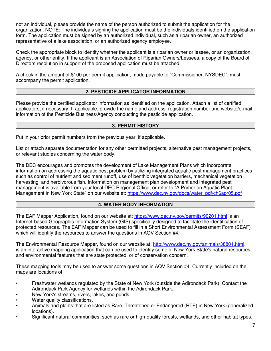 Application for a Permit to Use a Pesticide for the Control of an Aquatic Pest - Title 6 Nycrr Part 327 / 328 / 329 - New York, Page 7