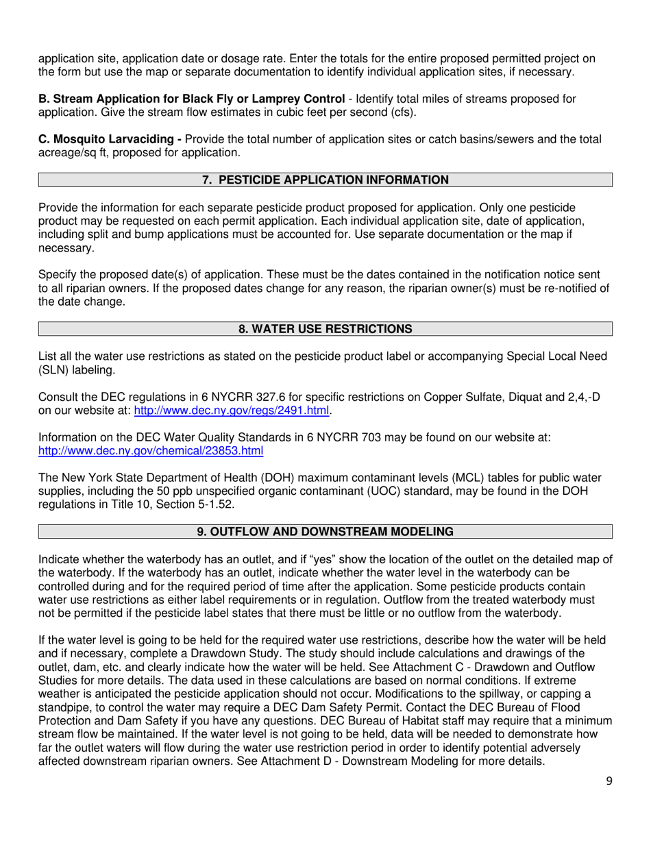 Application for a Permit to Use a Pesticide for the Control of an Aquatic Pest - Title 6 Nycrr Part 327 / 328 / 329 - New York, Page 9