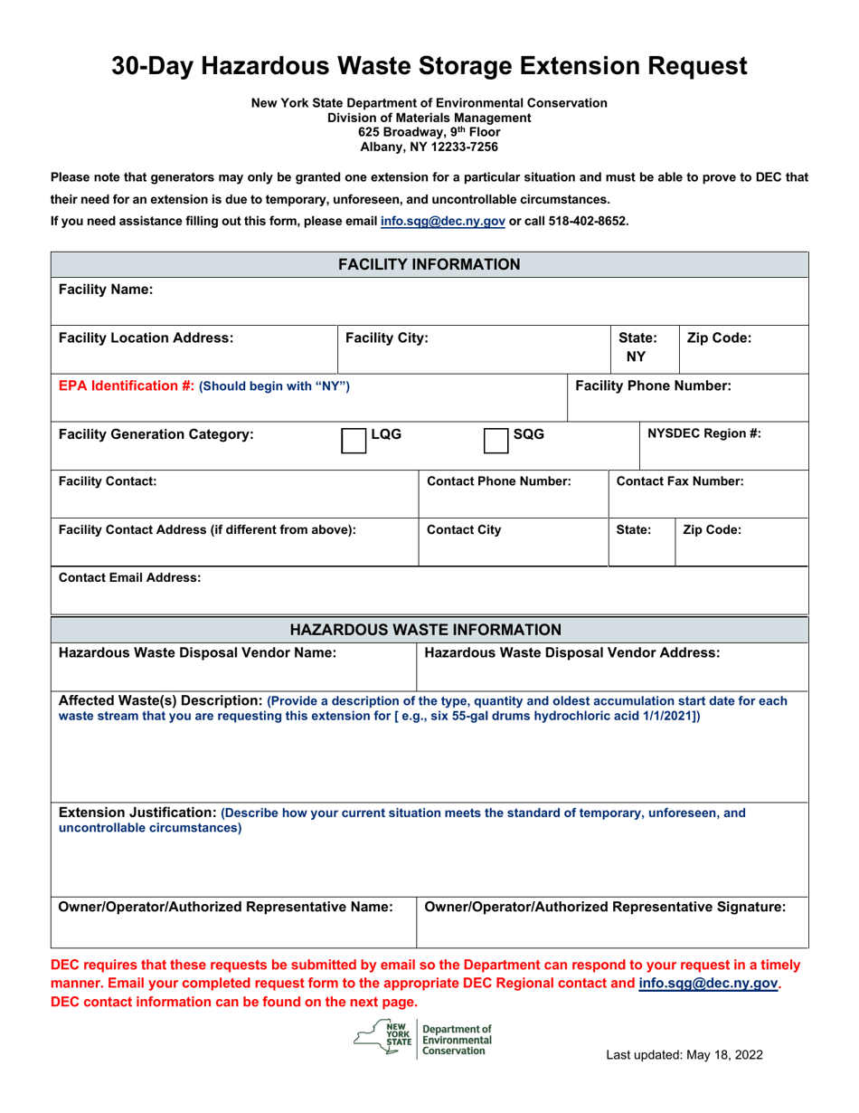 30-day Hazardous Waste Storage Extension Request - New York, Page 1