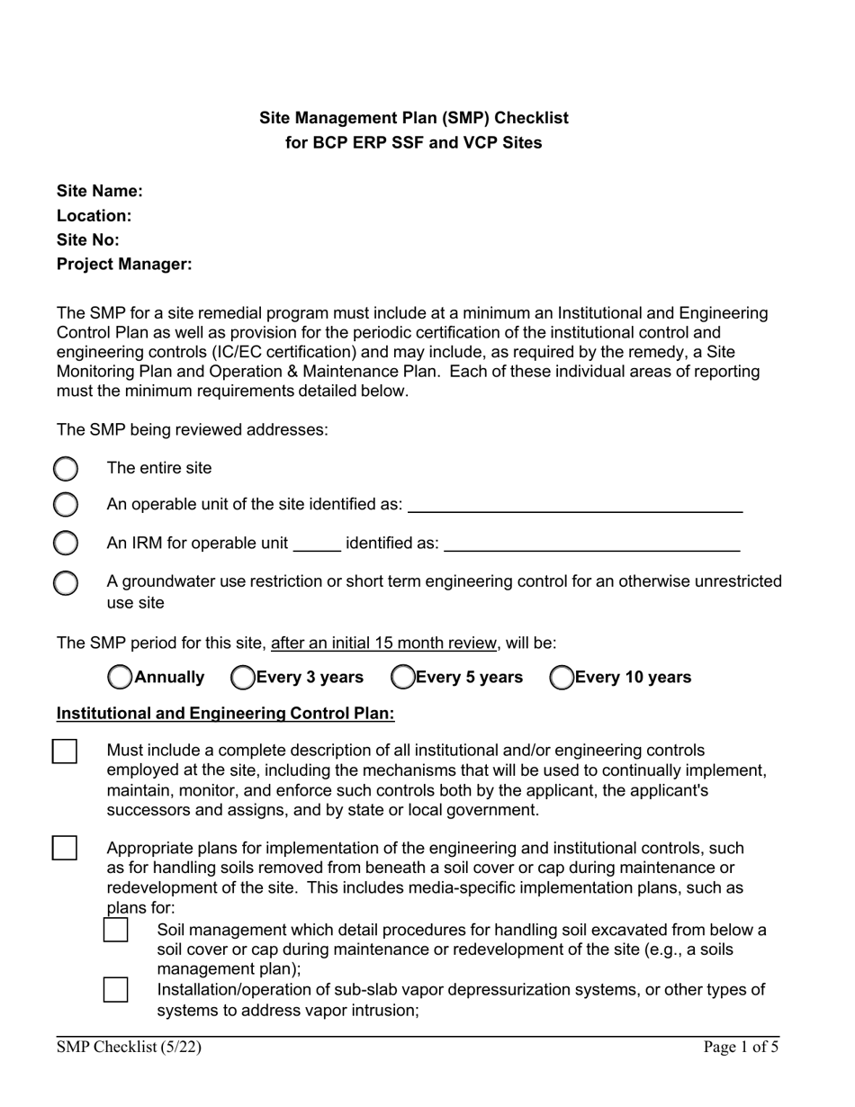 Site Management Plan (SMP) Checklist for Bcp Erp Ssf and Vcp Sites - New York, Page 1