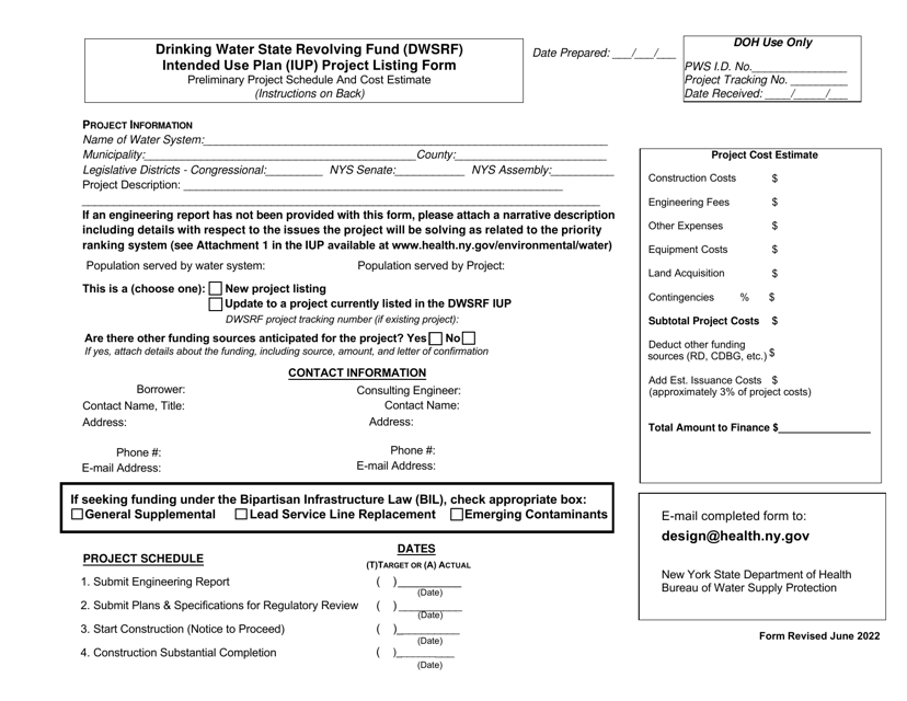 Intended Use Plan (Iup) Project Listing Form - Drinking Water State Revolving Fund (Dwsrf) - New York Download Pdf