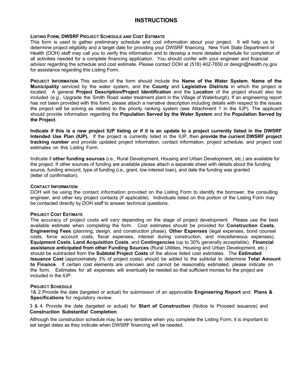 Intended Use Plan (Iup) Project Listing Form - Drinking Water State Revolving Fund (Dwsrf) - New York, Page 2