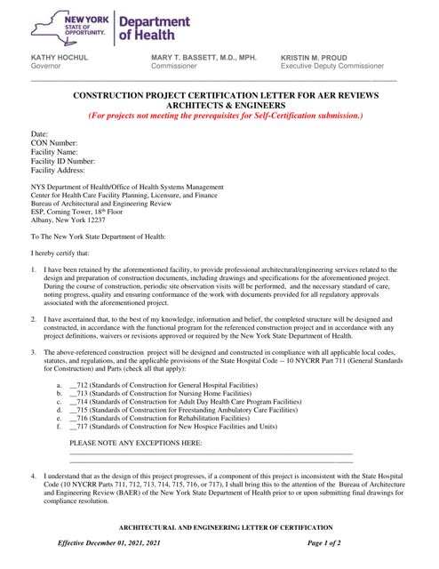 Construction Project Certification Letter for AER Reviews Architects & Engineers - New York