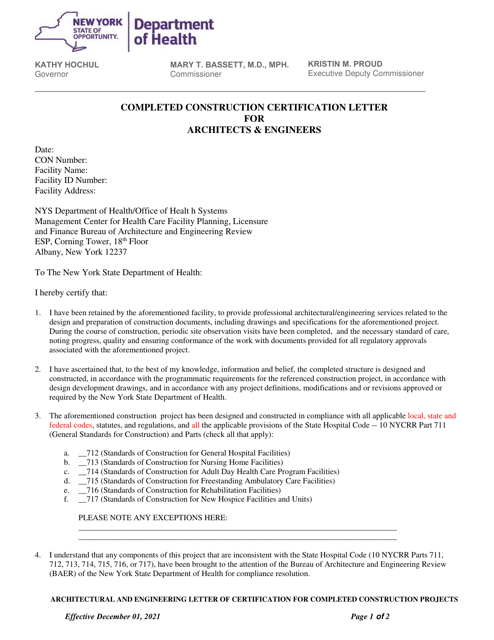 Completed Construction Certification Letter for Architects & Engineers - New York Download Pdf