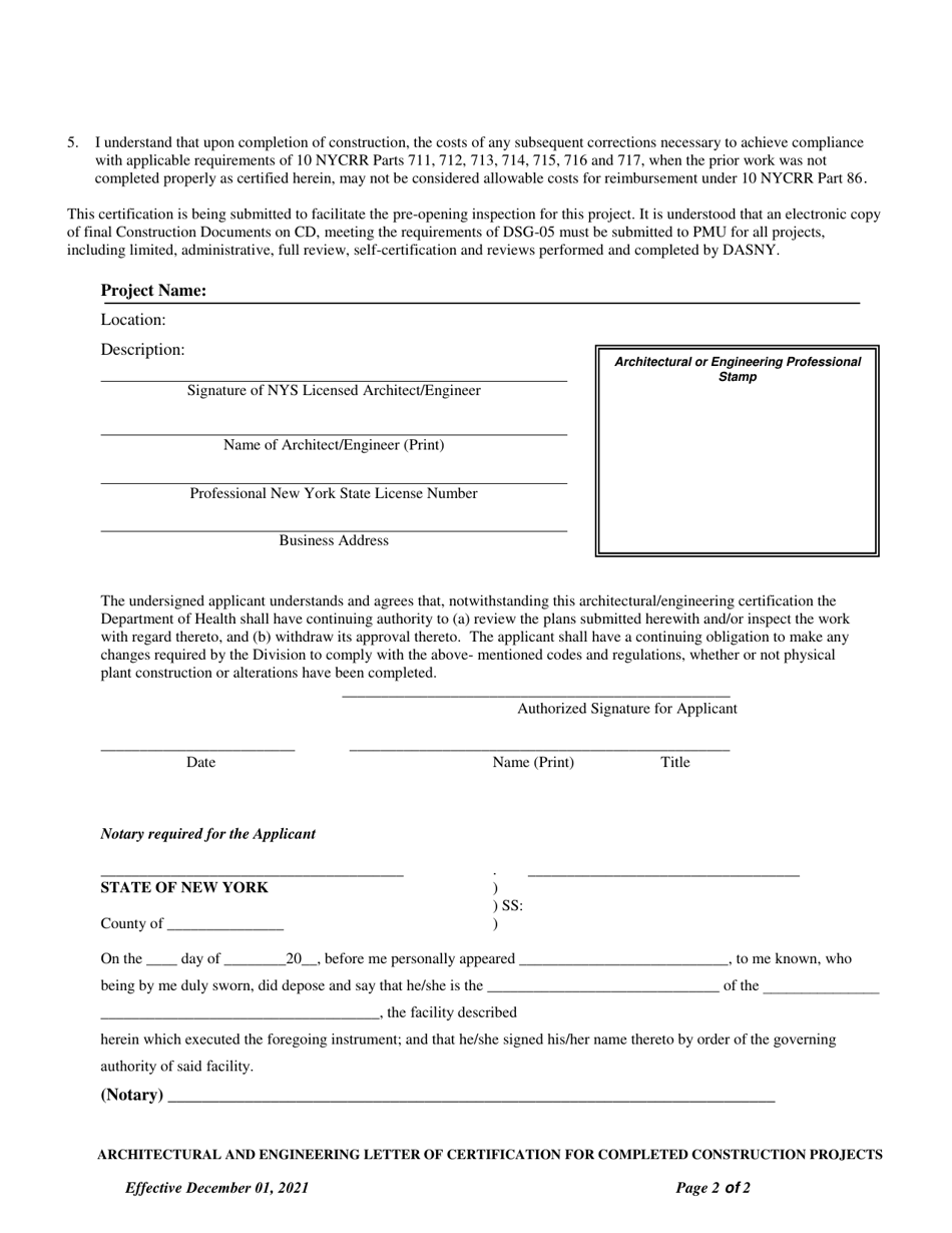 Completed Construction Certification Letter for Architects  Engineers - New York, Page 2