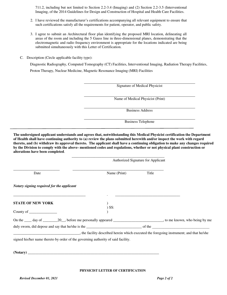 Physicist Letter of Certification for Diagnostic Radiography, Computed Tomography (Ct) Facilities, Interventional Imaging, Radiation Therapy Facilities, Proton Therapy, Nuclear Medicine and / or Magnetic Imaging Facilities - New York, Page 2