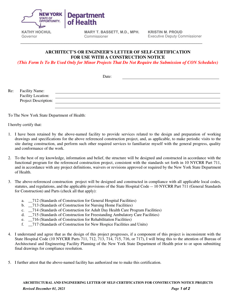 Architects or Engineers Letter of Self-certification for Use With a Construction Notice - New York, Page 1