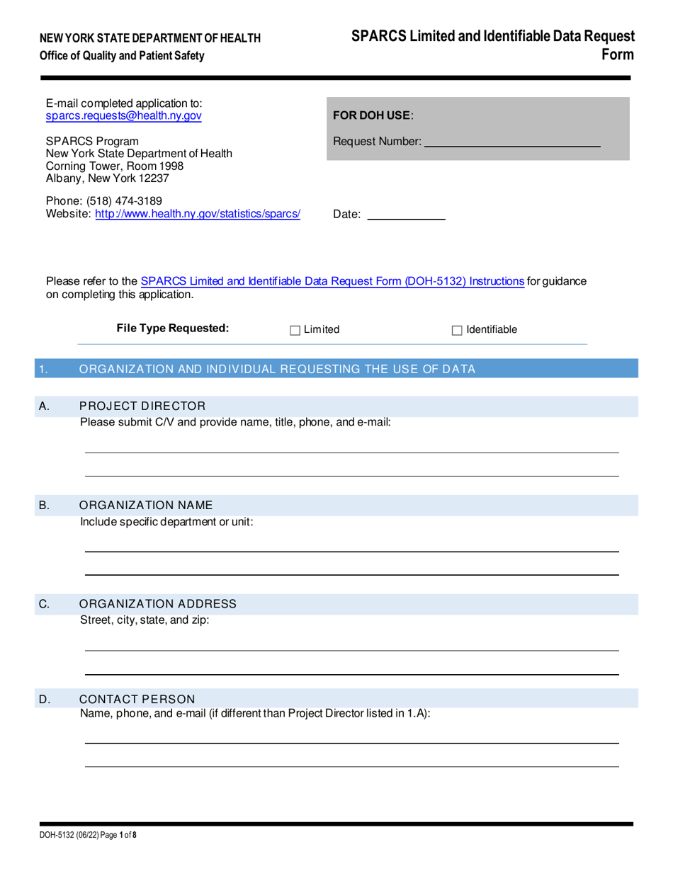 Form DOH-5132 Sparcs Limited and Identifiable Data Request Form - New York, Page 1