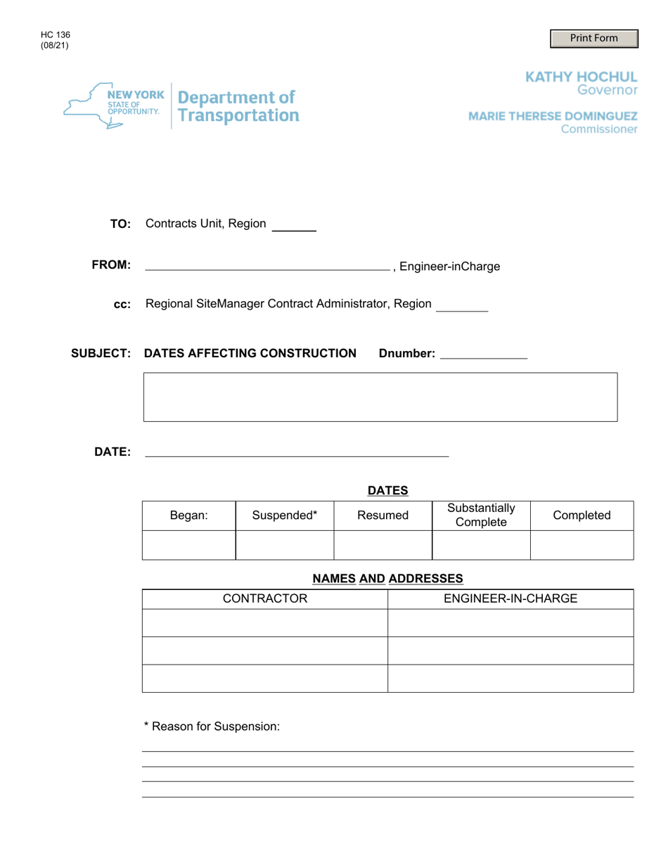 Form HC136 Notification of Dates Affecting Construction - New York, Page 1