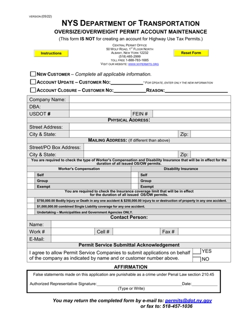 Oversize / Overweight Permit Account Maintenance Form - New York Download Pdf