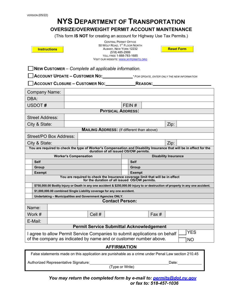 Oversize / Overweight Permit Account Maintenance Form - New York, Page 1