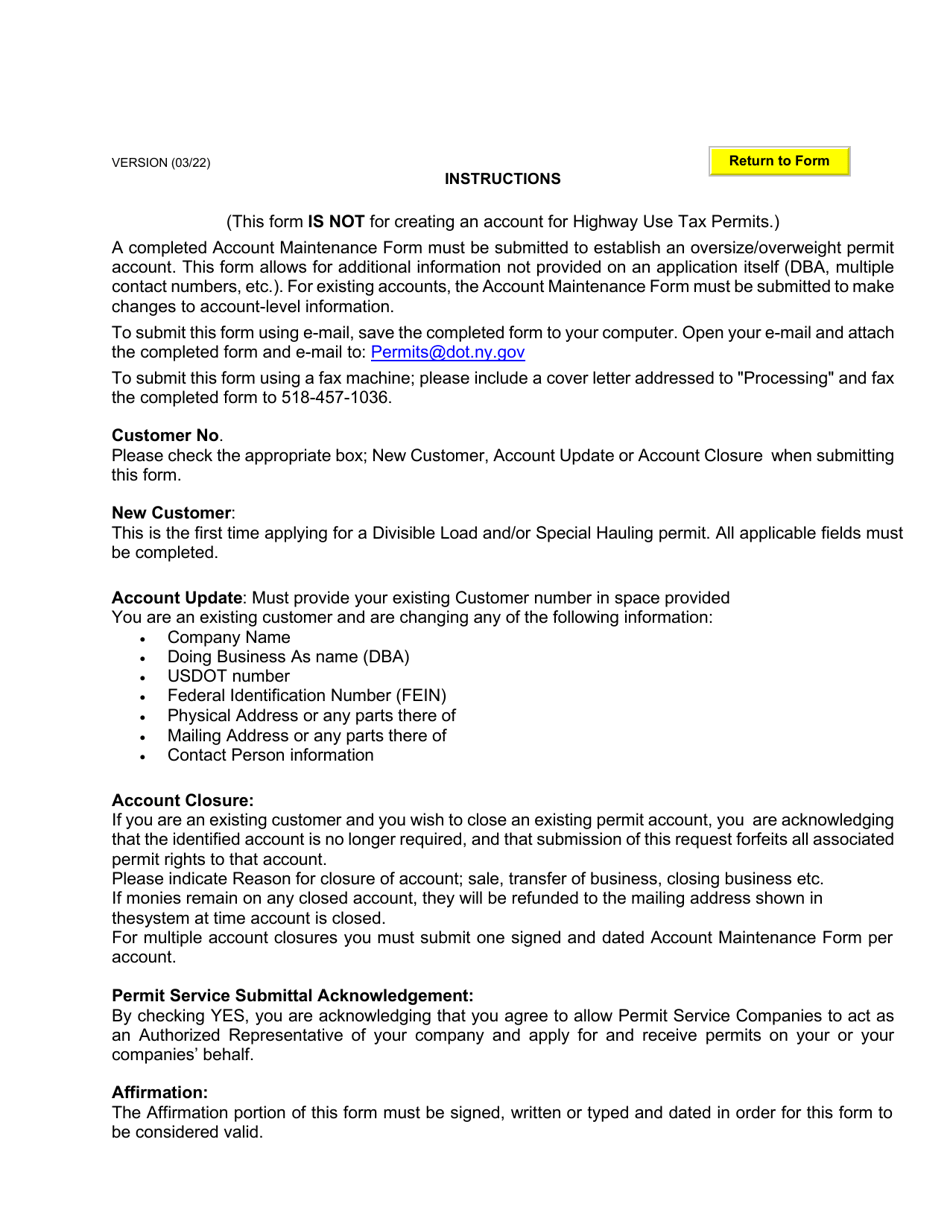 Oversize / Overweight Permit Account Maintenance Form - New York, Page 2
