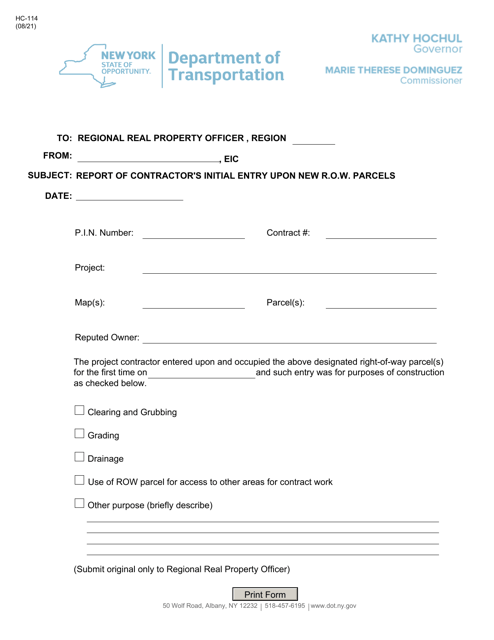 Form HC-114 Contractor's Initial Entry Form - New York