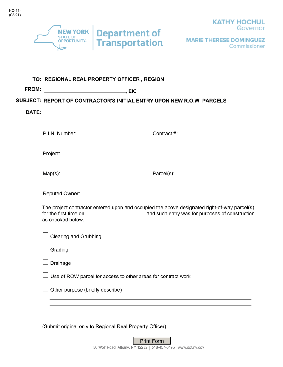 Form HC-114 Contractors Initial Entry Form - New York, Page 1