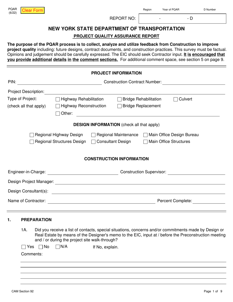 Form PQAR Project Quality Assurance Report - New York, Page 1