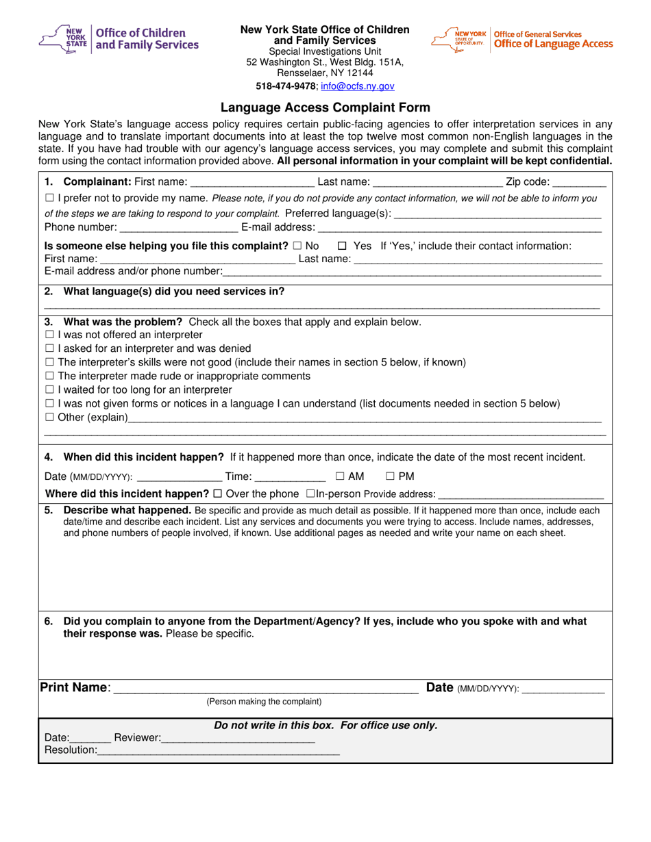Form LA-1 Language Access Complaint Form - New York, Page 1