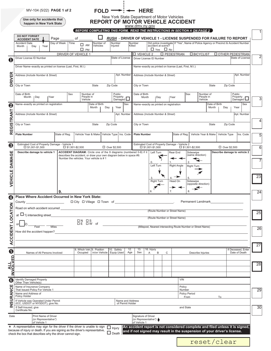 Form MV-104 Report of Motor Vehicle Accident - New York, Page 1