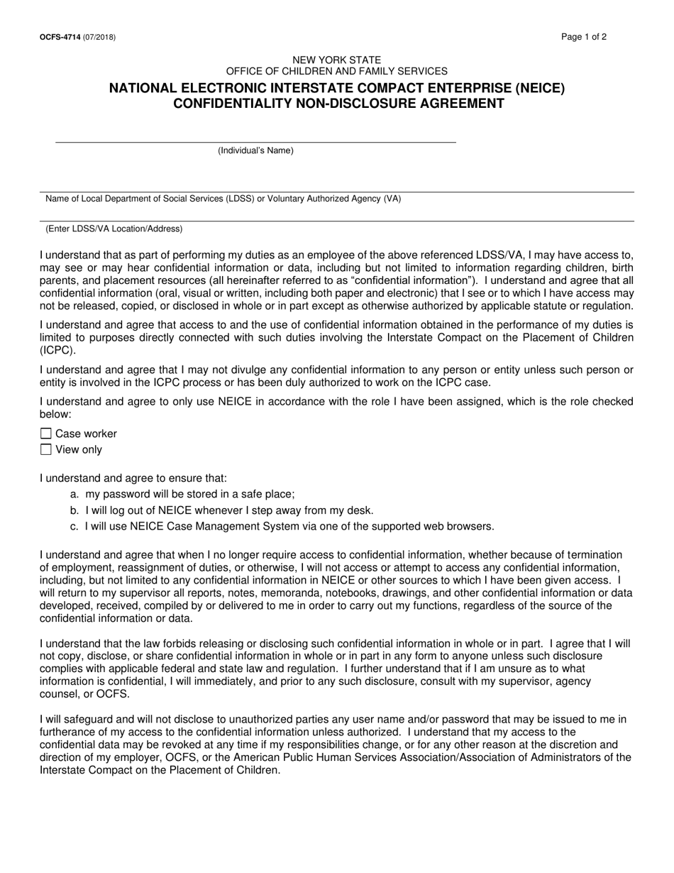 Form OCFS-4714 National Electronic Interstate Compact Enterprise (Neice) Confidentiality Non-disclosure Agreement - New York, Page 1