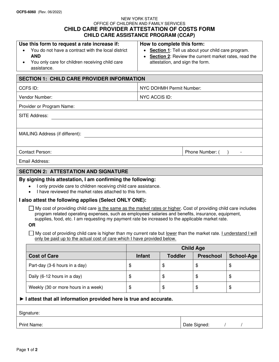 Form OCFS-6060 Child Care Provider Attestation of Costs Form - Child Care Assistance Program (Ccap) - New York, Page 1