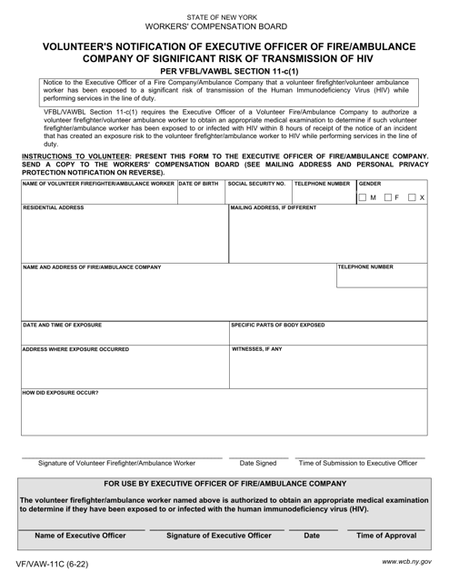 Form VF/VAW-11C Volunteer's Notification of Executive Officer of Fire/Ambulance Company of Significant Risk of Transmission of HIV Per Vfbl/Vawbl Section 11-c(1) - New York