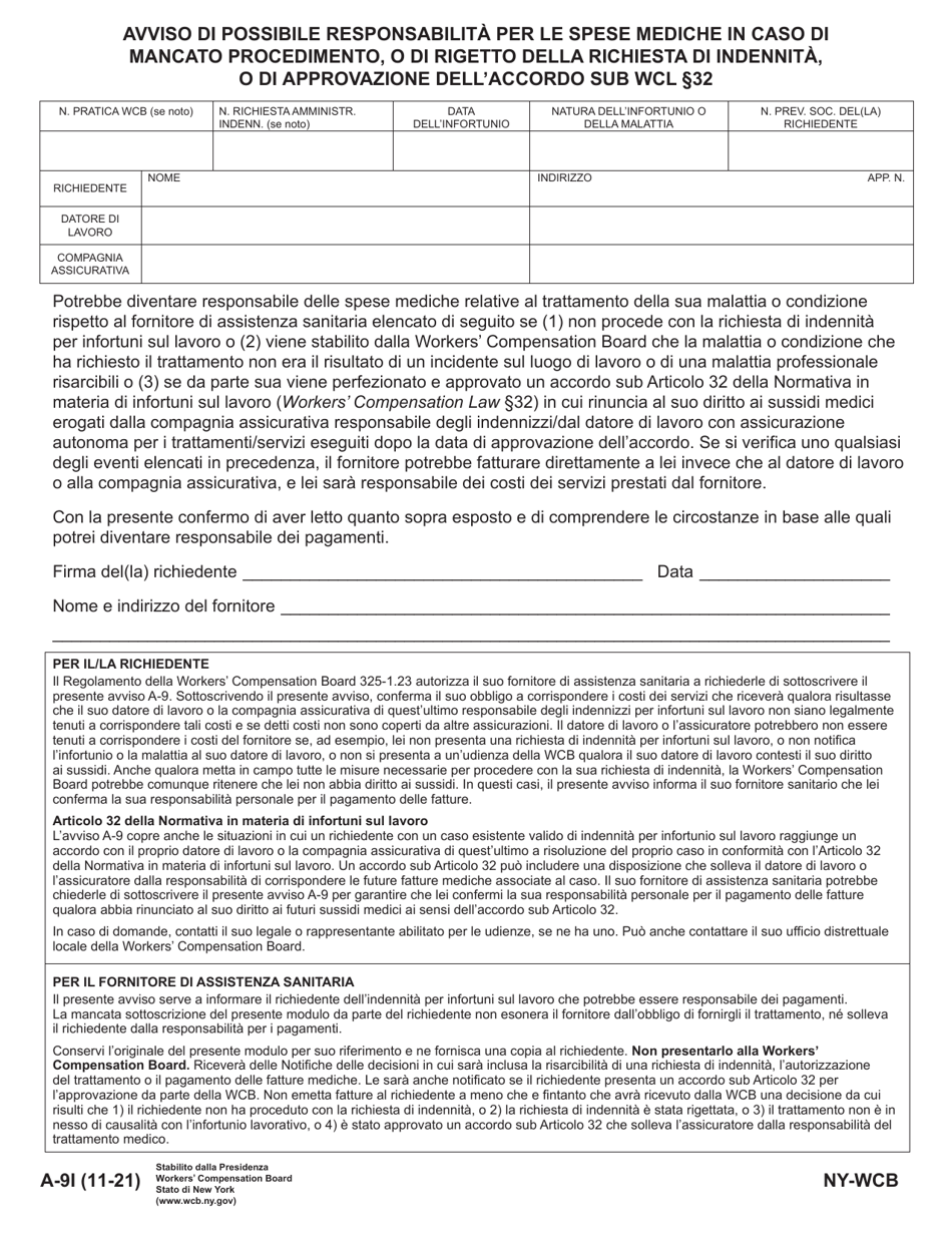 Form A-9 Notice That You May Be Responsible for Medical Costs in the Event of Failure to Prosecute, or if Compensation Claim Is Disallowed, or if Agreement Pursuant to Wcl 32 Is Approved - New York (Italian), Page 1