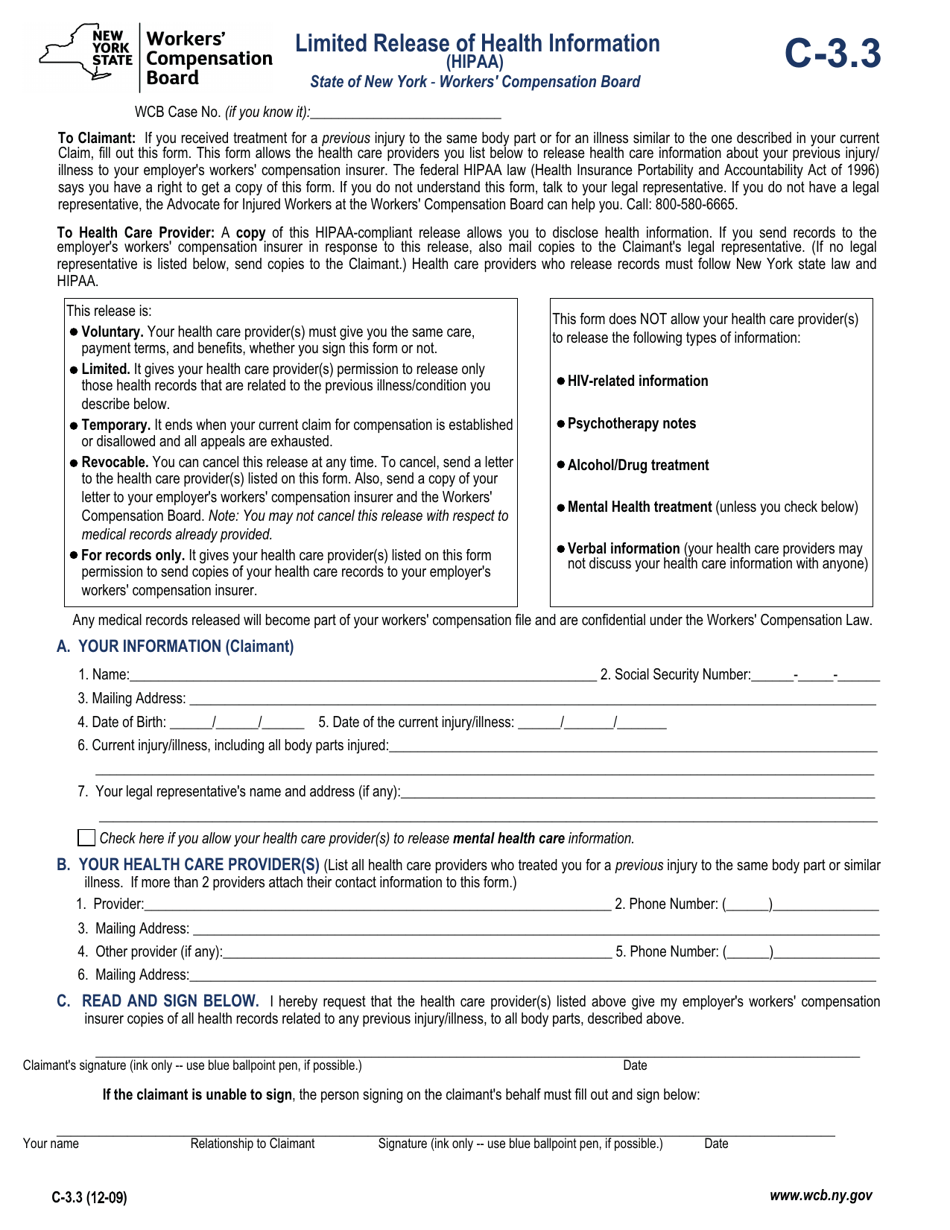 Form C-3.3 Limited Release of Health Information (HIPAA) - New York, Page 1
